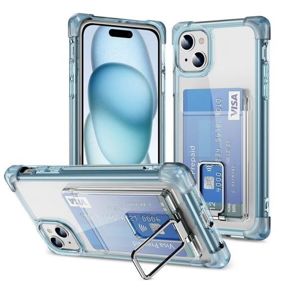 Wallet Case for iPhone 15 Plus, with Card Holder Slot Built-in Kickstand Shockproof Slim Hard Back Cover Soft TPU Bumper Translucent Clear for iPhone 15 Plus, Blue