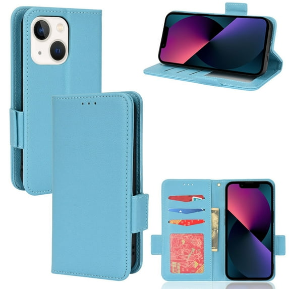 Wallet Case for iPhone 15 Plus Card Slots Holder Kickstand Flip Case, Lychee Pattern PU Leather Shockproof Cover with Magnetic Clasp Drop Resistant Phone Case, Cyanblue