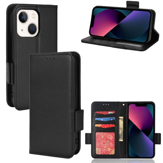 Wallet Case for iPhone 15 Plus Card Slots Holder Kickstand Flip Case, Lychee Pattern PU Leather Shockproof Cover with Magnetic Clasp Drop Resistant Phone Case, Black