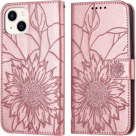 Wallet Case for iPhone 15 Plus Case with Card Holder,Sunflower Pattern Leather Protective Case with Kickstand Magnetic Feature Shockproof Flip Cover for iPhone 15 Plus Rose Gold Sunflower