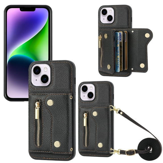 Wallet Case for iPhone 15 Plus, Classic Lychee Texture PU Leather Purse Case with Accordion Card Slots, Protective Crossbody Flip Cover with Zipper Shoulder Strap Lanyard for iPhone 15 Plus, Black