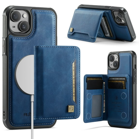 Wallet Case for iPhone 15 Plus,Compatible with MagSafe for Men Women,Detachable Magnetic Wallet Phone Case with Card Holder,Kickstand,PU Leather Shockproof Anti-fall Phone Case,Blue