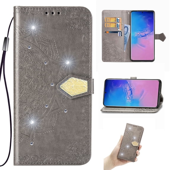 Wallet Case for iPhone 15 Plus, Flip Case PU Leather Diamond Emboss Mandala Flowers Wrist Strap Folio Card Slots Magnetic Kickstand Protective Phone Cover for iPhone 15 Plus, Gray