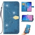 thumbnail image 1 of Wallet Case for iPhone 15 Plus, Flip Case PU Leather Diamond Emboss Mandala Flowers Wrist Strap Folio Card Slots Magnetic Kickstand Protective Phone Cover for iPhone 15 Plus, Blue, 1 of 10