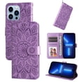 thumbnail image 1 of Wallet Case for iPhone 15 Plus Flower Embossed Pattern Purse Case, PU Leather Flip Cover with Card Holder and Kickstand, Silicone Full Body Shockproof Magnetic Clasp Protection Case, Purple, 1 of 10