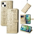 thumbnail image 1 of Wallet Case for iPhone 15 Plus, Lovely Cute Animal Embossed Pattern Cartoon PU Leather Flip Cover with Card Slots Cash Holder Kickstand Magnetic Clasp Shockproof Case, Gold, 1 of 6