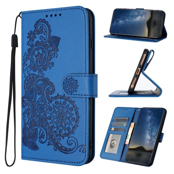 Wallet Case for iPhone 15 Plus, PU Leather Flip Protective Phone Case Wrist Strap Card Slots Holder Pocket Emboss Flower Stand Magnetic Book Case for iPhone 15 Plus - Darkblue