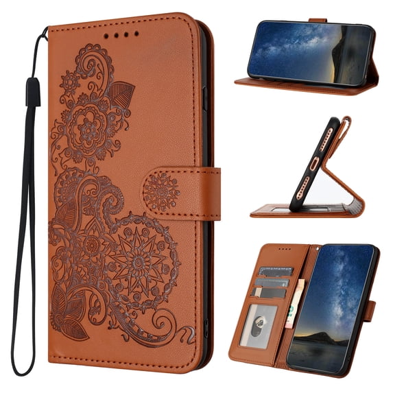 Wallet Case for iPhone 15 Plus, PU Leather Flip Protective Phone Case Wrist Strap Card Slots Holder Pocket Emboss Flower Stand Magnetic Book Case for iPhone 15 Plus - Brown