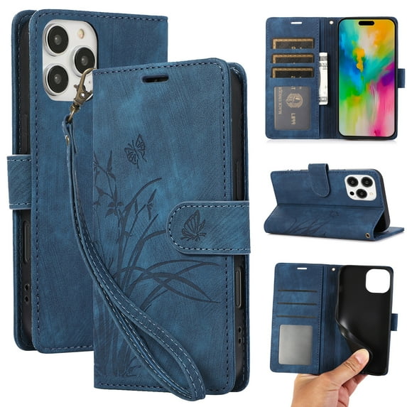 Wallet Case for iPhone 15 Plus, PU Leather Flip Protective Phone Case Wrist Strap Card Slots Holder Pocket Embossed Stand Full Body Protection Rugged Case Cover for iPhone 15 Plus, Blue