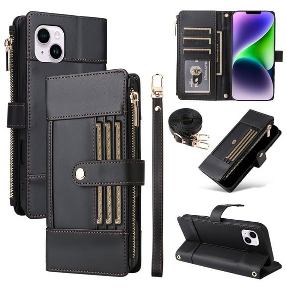 Wallet Case for iPhone 15 Plus, PU Leather RFID Blocking Card Slots Zipper Pocket Magnetic Buckle Kickstand Shoulder Strap & Wrist Strap Rugged Phone Cover for iPhone 15 Plus, Black