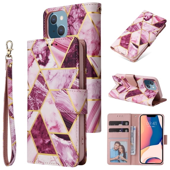 Wallet Case for iPhone 15 Plus, Premium PU Leather Magnetic Closure Handbag Case Kickstand Card Slots with Hand Strap Flip Wallet Case for iPhone 15 Plus Women Girls - Purple