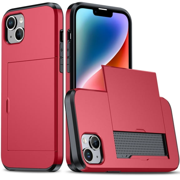 Wallet Case for iPhone 15 Plus, Rugged Case with Credit Card Holder Sliding Slot, Military Grade Shockproof Scratch Resistant Anti-Drop Phone Cover for iPhone 15 Plus, Red