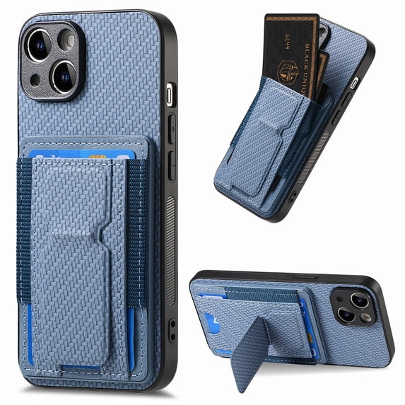 Wallet Case for iPhone 15 Plus Slim Protective Case with Credit Card Slots Hidden Kickstand Carbon Fiber Texture PU Leather Shockproof Anti-Scratch Phone Cover for iPhone 15 Plus, Blue