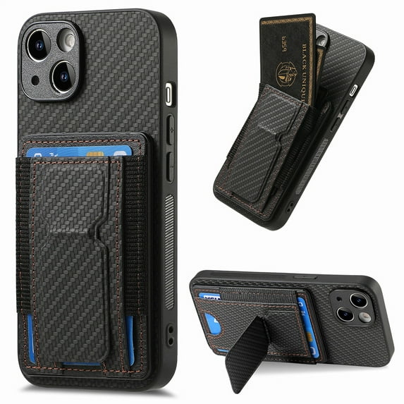 Wallet Case for iPhone 15 Plus Slim Protective Case with Credit Card Slots Hidden Kickstand Carbon Fiber Texture PU Leather Shockproof Anti-Scratch Phone Cover for iPhone 15 Plus, Black
