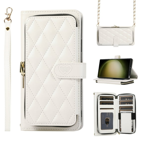 Wallet Case for iPhone 15 Plus Zipper Purse Cover, PU Leather Wrist Strap and Chain Strap Crossbody Case with Card Holder Shockproof Full Body Protection Phone Case for Women Girls, White