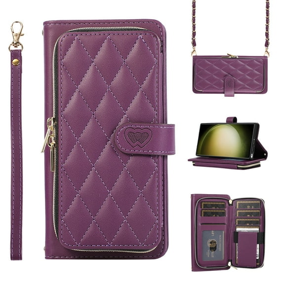 Wallet Case for iPhone 15 Plus Zipper Purse Cover, PU Leather Wrist Strap and Chain Strap Crossbody Case with Card Holder Shockproof Full Body Protection Phone Case for Women Girls, Darkpurple