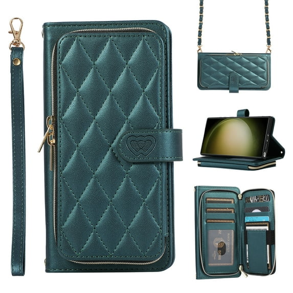Wallet Case for iPhone 15 Plus Zipper Purse Cover, PU Leather Wrist Strap and Chain Strap Crossbody Case with Card Holder Shockproof Full Body Protection Phone Case for Women Girls, Darkgreen