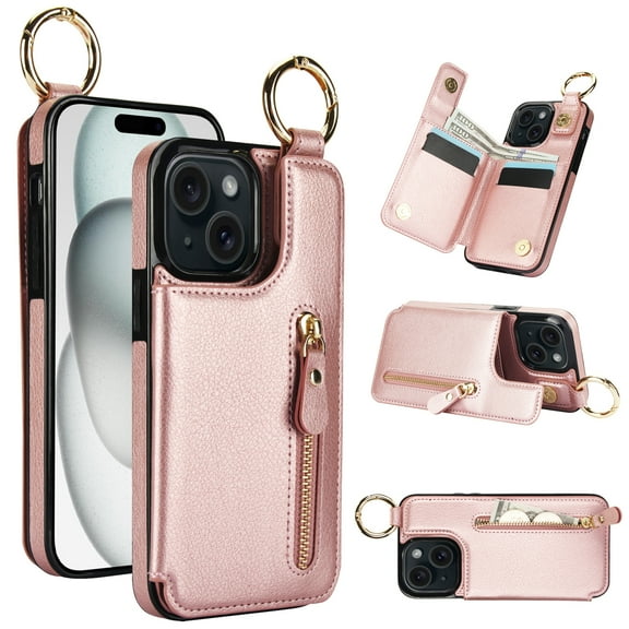 Wallet Case for iPhone 15, Premium Vintage PU Leather Magnetic Closure Handbag Zipper Pocket Case Kickstand Card Holder Slots with Ring Hook Shockproof Flip Cover for iPhone 15, Rosegold
