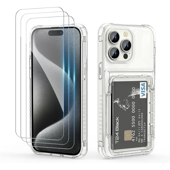Wallet Case for iPhone 15 Pro with 3PCS Screen Protectors Clear Heavy Duty Shockproof Wallet Card Holder, Hidden Flip Card Slot Protective Hard Back Cover for iPhone 15 Pro, 6.1'' Clear