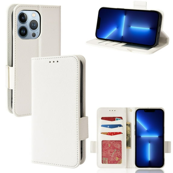 Wallet Case for iPhone 15 Pro Card Slots Holder Kickstand Flip Case, Lychee Pattern PU Leather Shockproof Cover with Magnetic Clasp Drop Resistant Phone Case, White
