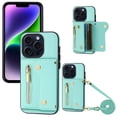 thumbnail image 1 of Wallet Case for iPhone 15 Pro, Classic Lychee Texture PU Leather Purse Case with Accordion Card Slots, Protective Crossbody Flip Cover with Zipper Shoulder Strap Lanyard for iPhone 15 Pro, Cyan, 1 of 8