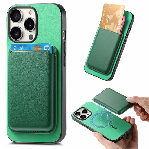Wallet Case for iPhone 15 Pro, Classic PU Leather Removable Magnetic Card Back Slot Anti-falling Anti-drop Shockproof Protective Phone Case Cover for iPhone 15 Pro, Green