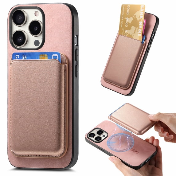 Wallet Case for iPhone 15 Pro, Classic PU Leather Removable Magnetic Card Back Slot Anti-falling Anti-drop Shockproof Protective Phone Case Cover for iPhone 15 Pro, Pink