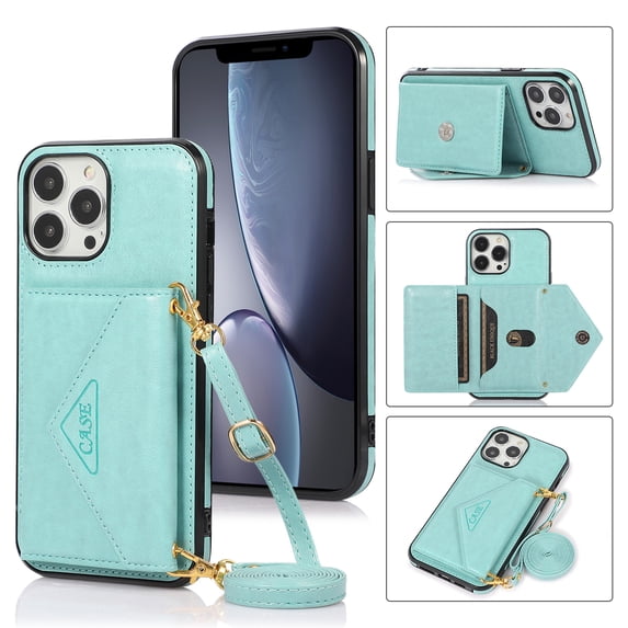Wallet Case for iPhone 15 Pro, Detachable Crossbody Lanyard Strap PU Leather+Soft TPU Bumper Magnetic Clasp Back Flip Credit Card Slots Kickstand Cover for iPhone 15 Pro - 6.1", Mint