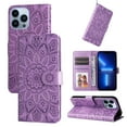 thumbnail image 1 of Wallet Case for iPhone 15 Pro Flower Embossed Pattern Purse Case, PU Leather Flip Cover with Card Holder and Kickstand, Silicone Full Body Shockproof Magnetic Clasp Protection Case, Purple, 1 of 11