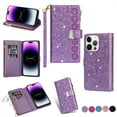 thumbnail image 1 of Wallet Case for iPhone 15 Pro, Glitter Bling Flip Folio Leather Protective Magnetic Stand Zipper Purse Phone Cover with Card Slot Holder Wrist Strap for Women,
Purple, 1 of 8