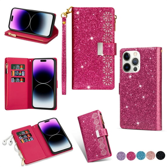 Wallet Case for iPhone 15 Pro, Glitter Bling Flip Folio Leather Protective Magnetic Stand Zipper Purse Phone Cover with Card Slot Holder Wrist Strap for Women,
Rose