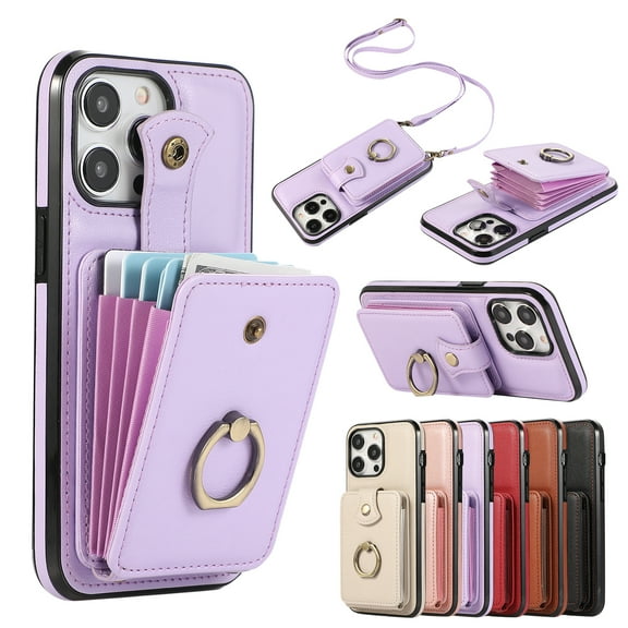 Wallet Case for iPhone 15 Pro, Kickstand Ring Holder Premium PU Leather Case with Crossbody Strap,Card Holder Slot Money Pocket 360°Rotation Metal Ring Grip Kickstand Cover,Purple