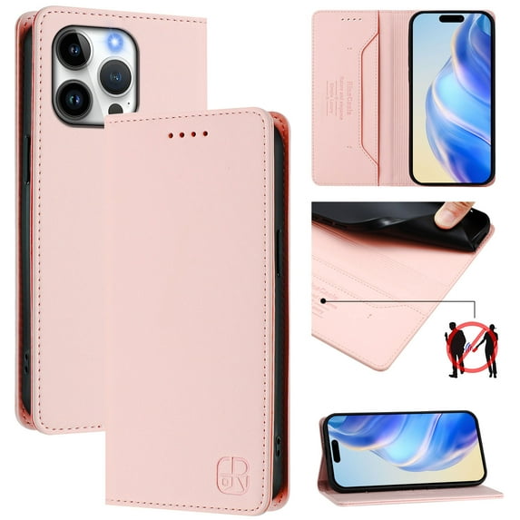 Wallet Case for iPhone 15 Pro, Magnetic Closure PU Leather Flip Phone Case for Men Women with RFID Blocking Card Holder Kickstand, Shockproof Protection Cover for iPhone 15 Pro, Pink