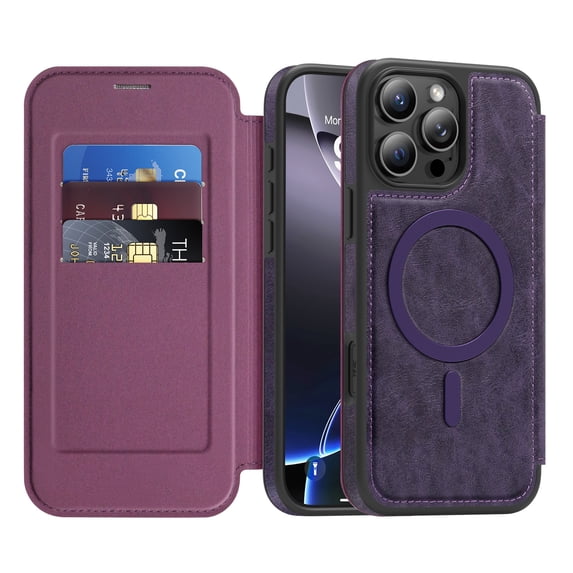 Wallet Case for iPhone 15 Pro, Magnetic Flip Kickstand Compatible with MagSafe, RFID Blocking Premium PU Leather Slim Shockproof Phone Case with Card Holder For iPhone 15 Pro,Purple