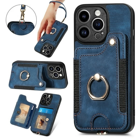 Wallet Case for iPhone 15 Pro Max, 360 Ring Holder Stand with Card Holder Premium Retro Leather Shockproof RFID Blocking Magnetic Clasp Hand Strap for Women Men For iPhone 15 Pro Max, Blue
