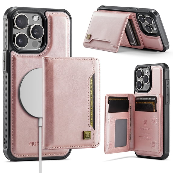 Wallet Case for iPhone 15 Pro Max,Compatible with MagSafe for Men Women,Detachable Magnetic Wallet Phone Case with Card Holder,Kickstand,PU Leather Shockproof Anti-fall Phone Case,Rosegold