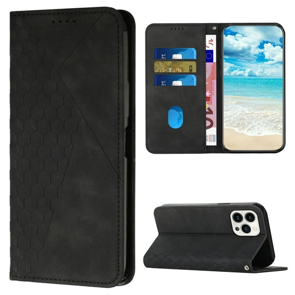 Wallet Case for iPhone 15 Pro Max, Embossed Premium PU Leather [Folio Flip] [Kickstand] [Card Slots] [6.7 inch] Shockproof Phone Case Cover for iPhone 15 Pro Max,Black