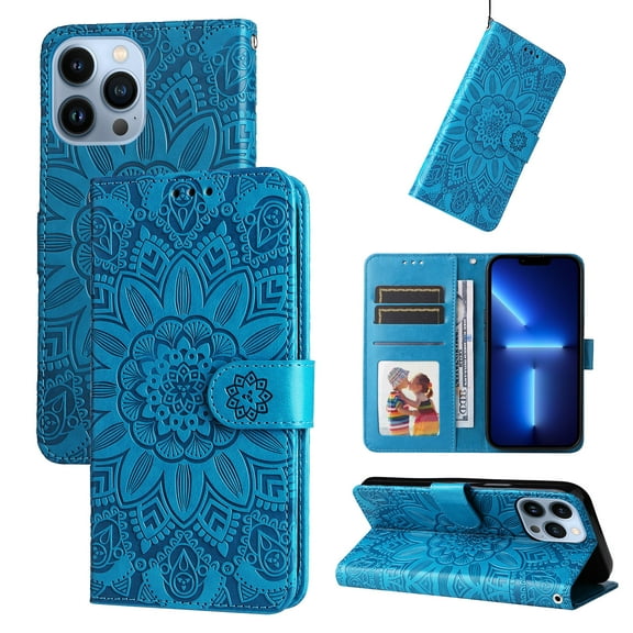 Wallet Case for iPhone 15 Pro Max Flower Embossed Pattern Purse Case, PU Leather Flip Cover with Card Holder and Kickstand, Silicone Full Body Shockproof Magnetic Clasp Protection Case, Blue