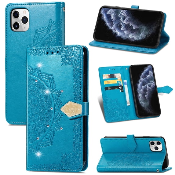 Wallet Case for iPhone 15 Pro Max, Glitter PU Leather Magnetic Closure Handbag Embossed Case Kickstand Card Holder Slots with Wrist Strap TPU Shockproof Flip Cover RFID Blocking, Blue