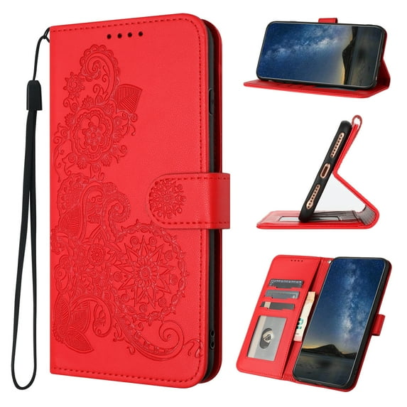 Wallet Case for iPhone 15 Pro Max, PU Leather Flip Protective Phone Case Wrist Strap Card Slots Holder Pocket Emboss Flower Stand Magnetic Book Case for iPhone 15 Pro Max - Red