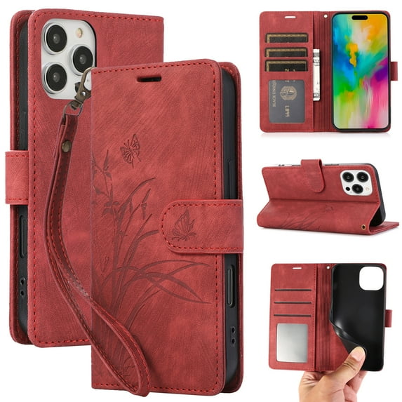 Wallet Case for iPhone 15 Pro Max, PU Leather Flip Protective Phone Case Wrist Strap Card Slots Holder Pocket Embossed Stand Full Body Protection Rugged Case Cover for iPhone 15 Pro Max, Red