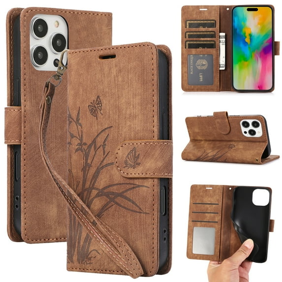 Wallet Case for iPhone 15 Pro Max, PU Leather Flip Protective Phone Case Wrist Strap Card Slots Holder Pocket Embossed Stand Full Body Protection Rugged Case Cover for iPhone 15 Pro Max, Brown