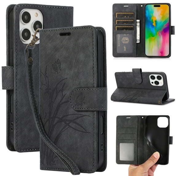 Wallet Case for iPhone 15 Pro Max, PU Leather Flip Protective Phone Case Wrist Strap Card Slots Holder Pocket Embossed Stand Full Body Protection Rugged Case Cover for iPhone 15 Pro Max, Black