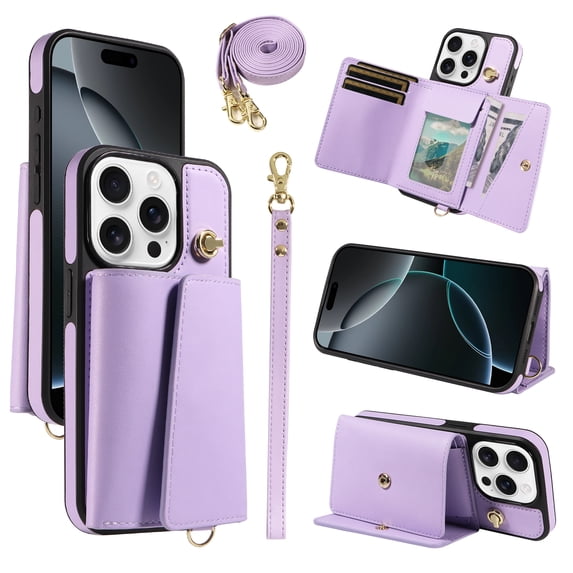 Wallet Case for iPhone 15 Pro Max, PU Leather + TPU Shockproof Cover with Card Slots, Cash Pocket, Long & Short Straps, Kickstand, Button Closure, Gift for Women Men Family Friends, Purple