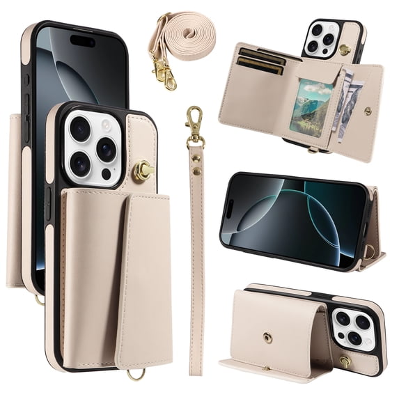Wallet Case for iPhone 15 Pro Max, PU Leather + TPU Shockproof Cover with Card Slots, Cash Pocket, Long & Short Straps, Kickstand, Button Closure, Gift for Women Men Family Friends, Beige