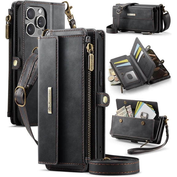 Wallet Case for iPhone 15 Pro Max – RFID Blocking PU Leather Phone Case with Card Holder, Zipper Pocket, Kickstand, Magnetic Closure, Shoulder & Wrist Strap