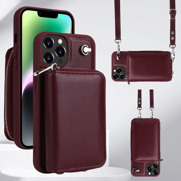 Wallet Case for iPhone 15 Pro Max, RFID Blocking PU Leather Purse Case with Card Holder, Crossbody Strap Magnetic Handbag Flip Cover with Detachable Zipper Pocket Women For iPhone 15 Pro Max, Winered