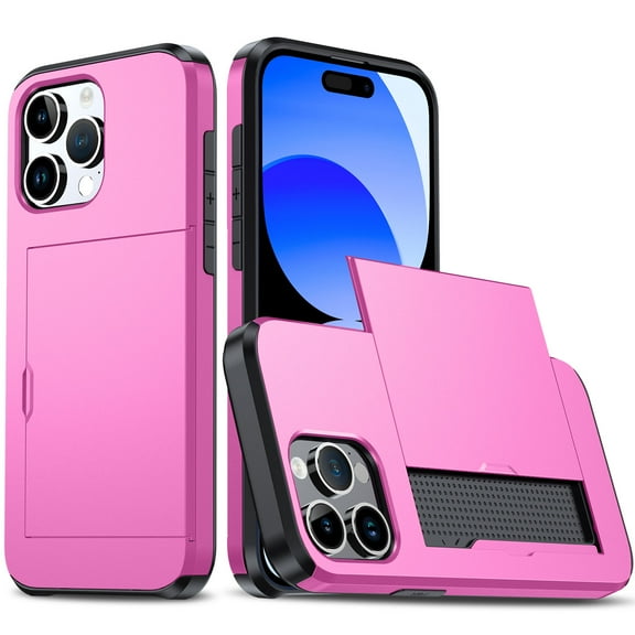 Wallet Case for iPhone 15 Pro Max, Rugged Case with Credit Card Holder Sliding Slot, Military Grade Shockproof Scratch Resistant Anti-Drop Phone Cover for iPhone 15 Pro Max, Pink