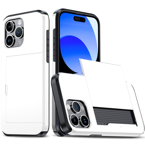 Wallet Case for iPhone 15 Pro Max, Rugged Case with Credit Card Holder Sliding Slot, Military Grade Shockproof Scratch Resistant Anti-Drop Phone Cover for iPhone 15 Pro Max, White