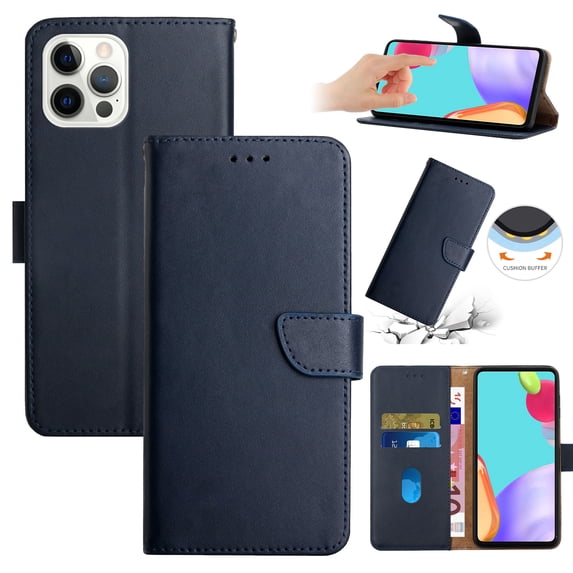 Wallet Case for iPhone 15 Pro Max, Shockproof Genuine Leather Magnetic Flip Cover with Card Holder, Classic Stand Feature and Full Body Protection Slim Phone Cover for iPhone 15 Pro Max, Blue